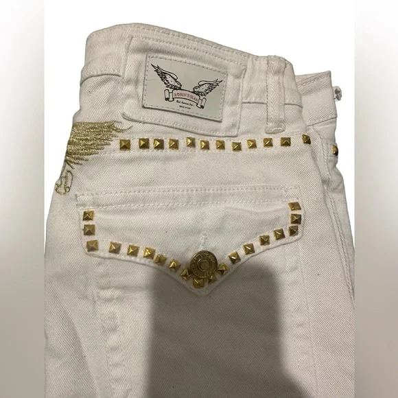 Robin’s Jeans Men’s Sz 29 Studded Gold white Designer Fashion Flap Button Wing